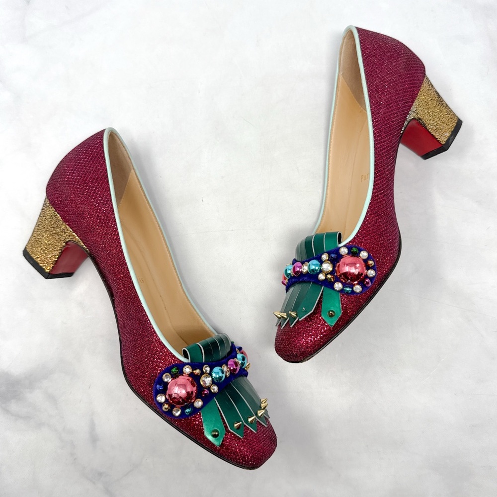 Christian Louboutin Oaxacana 45 Glitter Studded Fringe Heeled Loafer Flat Shoes - Picture 9 of 16